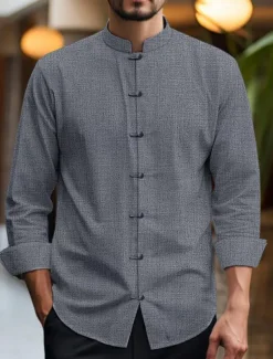 Men's Shirt Linen Shirt Chinese Collar Shirt Mandarin Collar Shirt Casual Shirt Cotton Linen Shirt Plain Vacation Casual Black White Pink Wine Long Sleeve Grandad Collar Spring & Summer Clothing