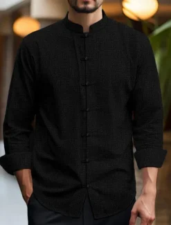 Men's Shirt Linen Shirt Chinese Collar Shirt Mandarin Collar Shirt Casual Shirt Cotton Linen Shirt Plain Vacation Casual Black White Pink Wine Long Sleeve Grandad Collar Spring & Summer Clothing