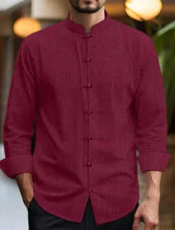 Men's Shirt Linen Shirt Chinese Collar Shirt Mandarin Collar Shirt Casual Shirt Cotton Linen Shirt Plain Vacation Casual Black White Pink Wine Long Sleeve Grandad Collar Spring & Summer Clothing