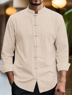 Men's Shirt Linen Shirt Chinese Collar Shirt Mandarin Collar Shirt Casual Shirt Cotton Linen Shirt Plain Vacation Casual Black White Pink Wine Long Sleeve Grandad Collar Spring & Summer Clothing