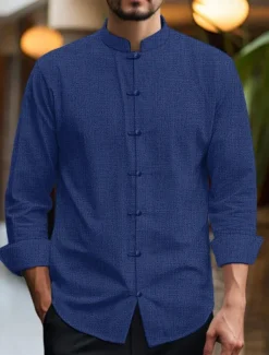 Men's Shirt Linen Shirt Chinese Collar Shirt Mandarin Collar Shirt Casual Shirt Cotton Linen Shirt Plain Vacation Casual Black White Pink Wine Long Sleeve Grandad Collar Spring & Summer Clothing