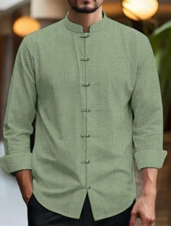 Men's Shirt Linen Shirt Chinese Collar Shirt Mandarin Collar Shirt Casual Shirt Cotton Linen Shirt Plain Vacation Casual Black White Pink Wine Long Sleeve Grandad Collar Spring & Summer Clothing