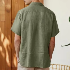 Men's Shirt Linen Shirt Cuban Collar Shirt Black Blue Brown Green Short Sleeve Solid Color Spring & Summer Street Daily Clothing Apparel