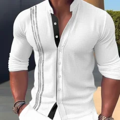 Men's Shirt Linen Shirt Embroidered Button Up Shirt Casual Shirt Summer Shirt Beach Shirt Black White Pink Long Sleeve Standing Collar Spring & Summer Casual Daily Clothing Apparel Embroidered