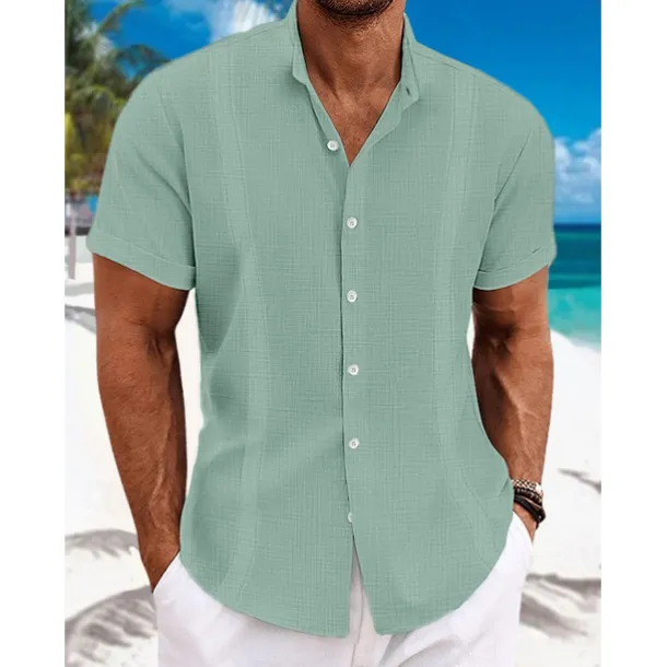 Men's Shirt Linen Shirt Guayabera Shirt Band Collar Shirt Summer Shirt Beach Wear Plain Vacation Curise Black White Blue Green Short Sleeve Collar Summer Clothing Apparel