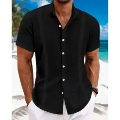 Men's Shirt Linen Shirt Guayabera Shirt Band Collar Shirt Summer Shirt Beach Wear Plain Vacation Curise Black White Blue Green Short Sleeve Collar Summer Clothing Apparel