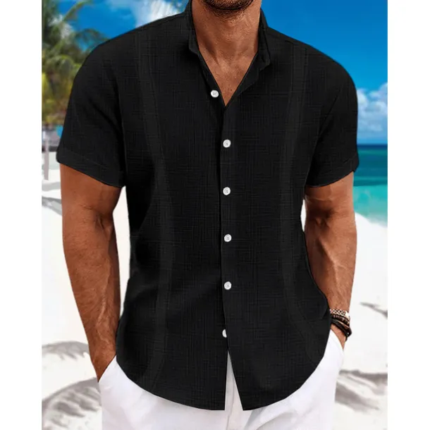 Men's Shirt Linen Shirt Guayabera Shirt Band Collar Shirt Summer Shirt Beach Wear Plain Vacation Curise Black White Blue Green Short Sleeve Collar Summer Clothing Apparel