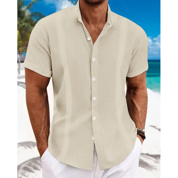Men's Shirt Linen Shirt Guayabera Shirt Band Collar Shirt Summer Shirt Beach Wear Plain Vacation Curise Black White Blue Green Short Sleeve Collar Summer Clothing Apparel