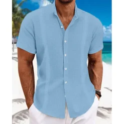 Men's Shirt Linen Shirt Guayabera Shirt Band Collar Shirt Summer Shirt Beach Wear Plain Vacation Curise Black White Blue Green Short Sleeve Collar Summer Clothing Apparel