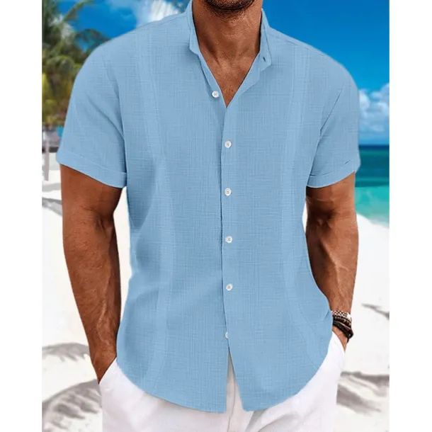 Men's Shirt Linen Shirt Guayabera Shirt Band Collar Shirt Summer Shirt Beach Wear Plain Vacation Curise Black White Blue Green Short Sleeve Collar Summer Clothing Apparel