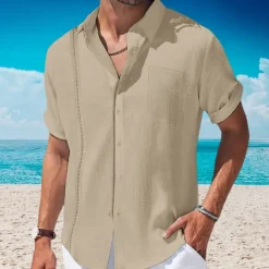 Men's Shirt Linen Shirt Guayabera Shirt Summer Shirt Beach Wear Button Up Shirt Plain Vacation Curise Black White Navy Blue Apricot Short Sleeve Lapel Summer Clothing Apparel Front Pocket