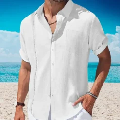 Men's Shirt Linen Shirt Guayabera Shirt Summer Shirt Beach Wear Button Up Shirt Plain Vacation Curise Black White Navy Blue Apricot Short Sleeve Lapel Summer Clothing Apparel Front Pocket