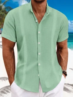 Men's Shirt Linen Shirt Guayabera Shirt Summer Shirt Beach Shirt Button Up Shirt Plain Casual Daily Black White Blue Green Short Sleeve Collar Summer Clothing Apparel