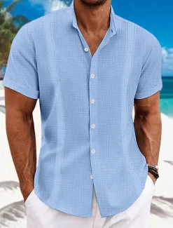 Men's Shirt Linen Shirt Guayabera Shirt Summer Shirt Beach Shirt Button Up Shirt Plain Casual Daily Black White Blue Green Short Sleeve Collar Summer Clothing Apparel