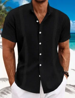 Men's Shirt Linen Shirt Guayabera Shirt Summer Shirt Beach Shirt Button Up Shirt Plain Casual Daily Black White Blue Green Short Sleeve Collar Summer Clothing Apparel