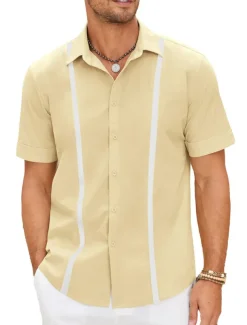 Men&#039;s Shirt Linen Shirt Guayabera Shirt Summer Shirt Beach Shirt Button Up Shirt Color Block Vacation Casual Navy Blue Blue Khaki Short Sleeve Turndown Summer Clothing Apparel