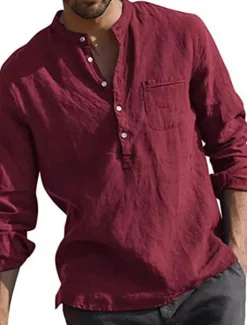 Men&#039;s Shirt Linen Shirt Maroon Shirt Solid Color V Neck White Black Gray Wine Army Green Long Sleeve Daily Vacation collared shirts Tops Streetwear Casual Chinoiserie