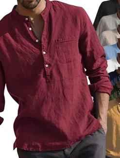 Men&#039;s Shirt Linen Shirt Maroon Shirt Solid Color V Neck White Black Gray Wine Army Green Long Sleeve Daily Vacation collared shirts Tops Streetwear Casual Chinoiserie