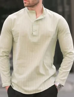 Men&#039;s Shirt Linen Shirt Popover Shirt Summer Shirt Beach Shirt Black White Blue Long Sleeve Plain Henley Spring &amp; Summer Casual Daily Clothing Apparel