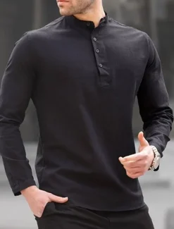Men's Shirt Linen Shirt Popover Shirt Summer Shirt Beach Shirt Black White Blue Long Sleeve Plain Henley Spring & Summer Casual Daily Clothing Apparel