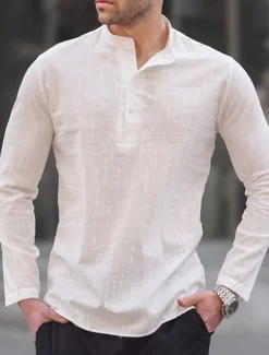 Men's Shirt Linen Shirt Popover Shirt Summer Shirt Beach Shirt Black White Blue Long Sleeve Plain Henley Spring & Summer Casual Daily Clothing Apparel