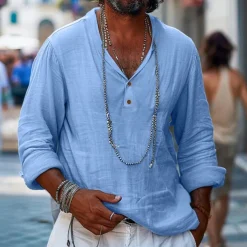 Men's Shirt Linen Shirt Popover Shirt Summer Shirt Beach Wear Plain Vacation Casual Black Khaki Light Blue Long Sleeve Collar Spring & Summer Clothing Apparel