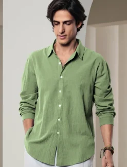 Men's Shirt Linen Shirt Solid Color Casual Daily White Pink Navy Blue Blue Long Sleeve Collar Spring & Summer Clothing Apparel Button-Down