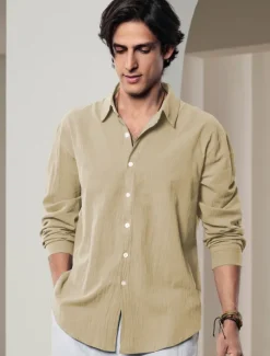 Men's Shirt Linen Shirt Solid Color Casual Daily White Pink Navy Blue Blue Long Sleeve Collar Spring & Summer Clothing Apparel Button-Down