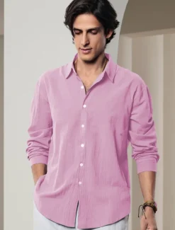 Men's Shirt Linen Shirt Solid Color Casual Daily White Pink Navy Blue Blue Long Sleeve Collar Spring & Summer Clothing Apparel Button-Down