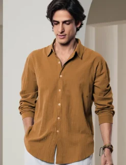 Men's Shirt Linen Shirt Solid Color Casual Daily White Pink Navy Blue Blue Long Sleeve Collar Spring & Summer Clothing Apparel Button-Down