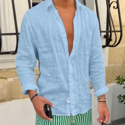Men's Shirt Linen Shirt Summer Shirt Beach Shirt White Pink Blue Long Sleeve Plain Lapel Spring & Summer Casual Daily Clothing Apparel