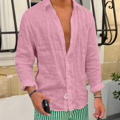 Men's Shirt Linen Shirt Summer Shirt Beach Shirt White Pink Blue Long Sleeve Plain Lapel Spring & Summer Casual Daily Clothing Apparel