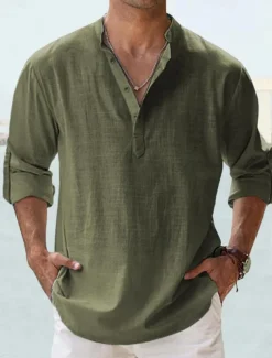 Men's Shirt Linen Shirt Summer Shirt Beach Shirt Plain Hawaiian Holiday Black White Pink Wine Long Sleeve Stand Collar Spring & Summer Clothing Apparel Basic