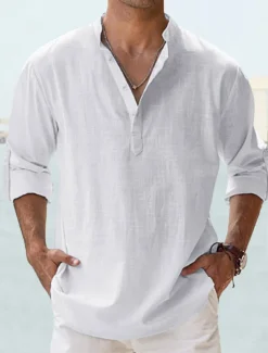 Men's Shirt Linen Shirt Summer Shirt Beach Shirt Plain Hawaiian Holiday Black White Pink Wine Long Sleeve Stand Collar Spring & Summer Clothing Apparel Basic