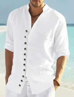 Men's Shirt Linen Shirt Summer Shirt Beach Wear Button Up Shirt Plain Vacation Curise Black White Pink Blue Long Sleeve Collar Spring & Summer Clothing Apparel