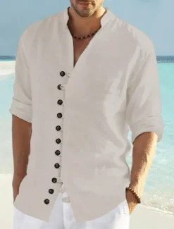 Men's Shirt Linen Shirt Summer Shirt Beach Wear Button Up Shirt Plain Vacation Curise Black White Pink Blue Long Sleeve Collar Spring & Summer Clothing Apparel