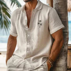 Men's Shirt Linen Shirt Summer Shirt Beach Wear Summer Hawaiian Shirt Button Up Shirt Solid Color Vacation Curise White Pink Blue Beige Short Sleeve Fold-over Collar Spring & Summer Clothing Apparel
