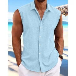 Men's Shirt Linen Shirt Summer Shirt Beach Wear Button Up Shirt Plain Vacation Curise White Pink Light Blue Short Sleeve Collar Summer Spring Clothing Apparel