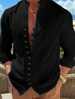 Men's Shirt Linen Shirt Summer Shirt Elegant Button Up Shirt Casual Shirt Black White Pink Blue Long Sleeve Plain Band Collar Summer Spring & Fall Daily Vacation Clothing Apparel