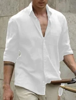 Men's Shirt Linen Shirt Summer Shirt Beach Wear Casual Shirt Button Up Shirt Plain Casual Daily White Brown Light Blue Long Sleeve Lapel Spring & Summer Clothing Apparel