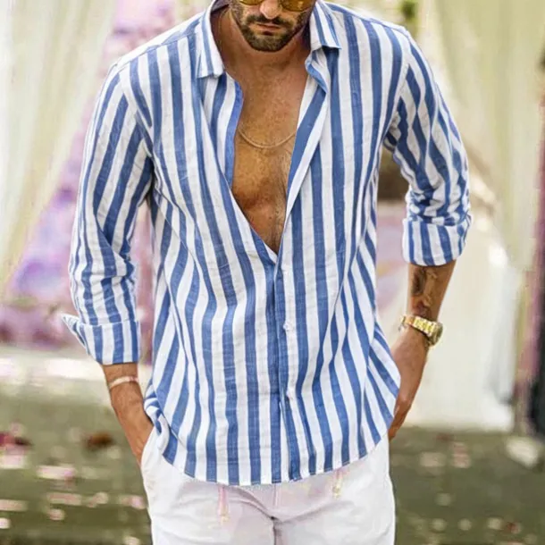 Men's Shirt Linen Shirt Summer Shirt Casual Shirt Beach Shirt Button Up Shirt Striped Vacation Holiday Black Yellow Pink Red Long Sleeve Turndown Spring & Fall Clothing Apparel Button-Down