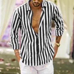 Men's Shirt Linen Shirt Summer Shirt Casual Shirt Beach Shirt Button Up Shirt Striped Vacation Holiday Black Yellow Pink Red Long Sleeve Turndown Spring & Fall Clothing Apparel Button-Down