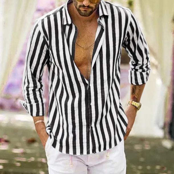 Men's Shirt Linen Shirt Summer Shirt Casual Shirt Beach Shirt Button Up Shirt Striped Vacation Holiday Black Yellow Pink Red Long Sleeve Turndown Spring & Fall Clothing Apparel Button-Down