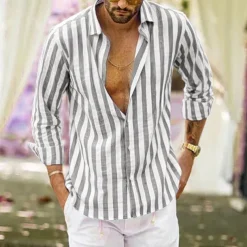 Men's Shirt Linen Shirt Summer Shirt Casual Shirt Beach Shirt Button Up Shirt Striped Vacation Holiday Black Yellow Pink Red Long Sleeve Turndown Spring & Fall Clothing Apparel Button-Down