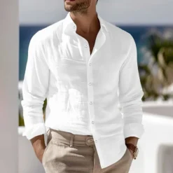 Men's Shirt Linen Shirt Summer Shirt Beach Wear Button Up Shirt Plain Vacation Curise Black White Pink Blue Long Sleeve Collar Spring & Summer Clothing Apparel