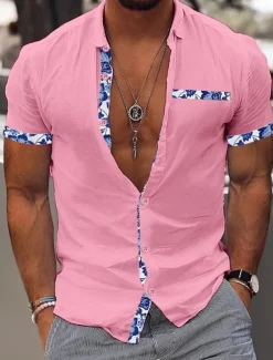 Men's Shirt Linen Shirt Summer Shirt Beach Wear Casual Shirt Button Up Shirt Color Block Vacation Curise Black White Pink Navy Blue Short Sleeve Lapel Summer Clothing Apparel Patchwork