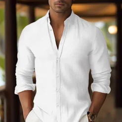 Men's Shirt Linen Shirt Summer Shirt Beach Wear Button Up Shirt Plain Vacation Curise White Pink Blue Orange Long Sleeve Lapel Spring & Summer Clothing Apparel