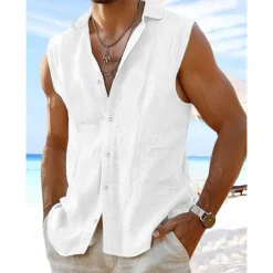 Men's Shirt Linen Shirt Summer Shirt Beach Wear Button Up Shirt Plain Vacation Curise White Pink Light Blue Sleeveless Collar Summer Spring Clothing Apparel