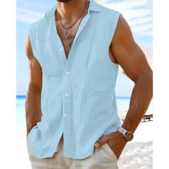 Men's Shirt Linen Shirt Summer Shirt Beach Wear Button Up Shirt Plain Vacation Curise White Pink Light Blue Sleeveless Collar Summer Spring Clothing Apparel