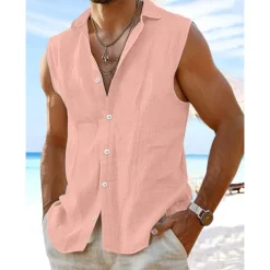 Men's Shirt Linen Shirt Summer Shirt Beach Wear Button Up Shirt Plain Vacation Curise White Pink Light Blue Sleeveless Collar Summer Spring Clothing Apparel